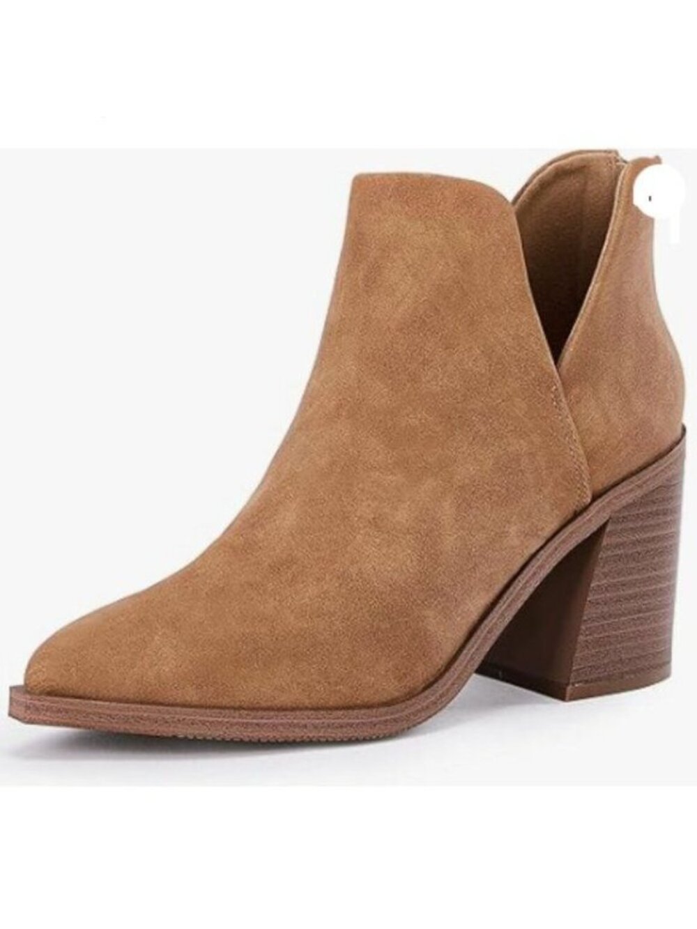 Womens Pointed Toe Stacked Mid Heel V Cut Back Zipper Faux Leather Booties Brown